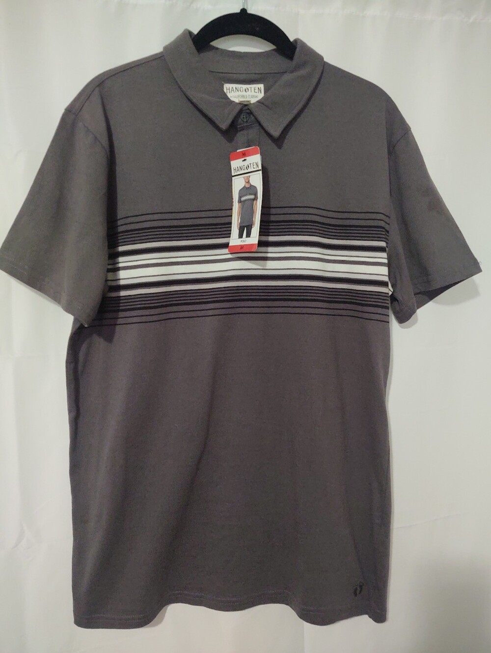 Hang Ten Men's Dark Gray Polo with White Stripe Detail Medium